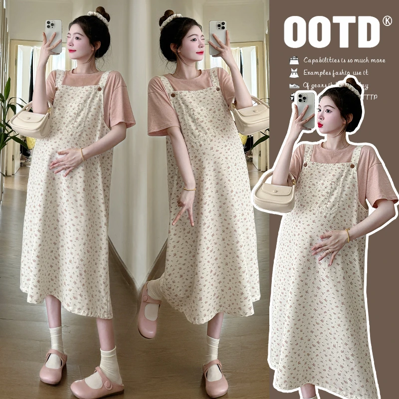 2024夏季韩系显瘦减龄洋气小清新碎花甜美中长款背带裙孕妇两件套