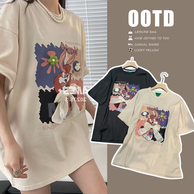 孕妇装新款韩版宽松可爱减龄立体蝴蝶结工艺大版短袖T恤大码女装