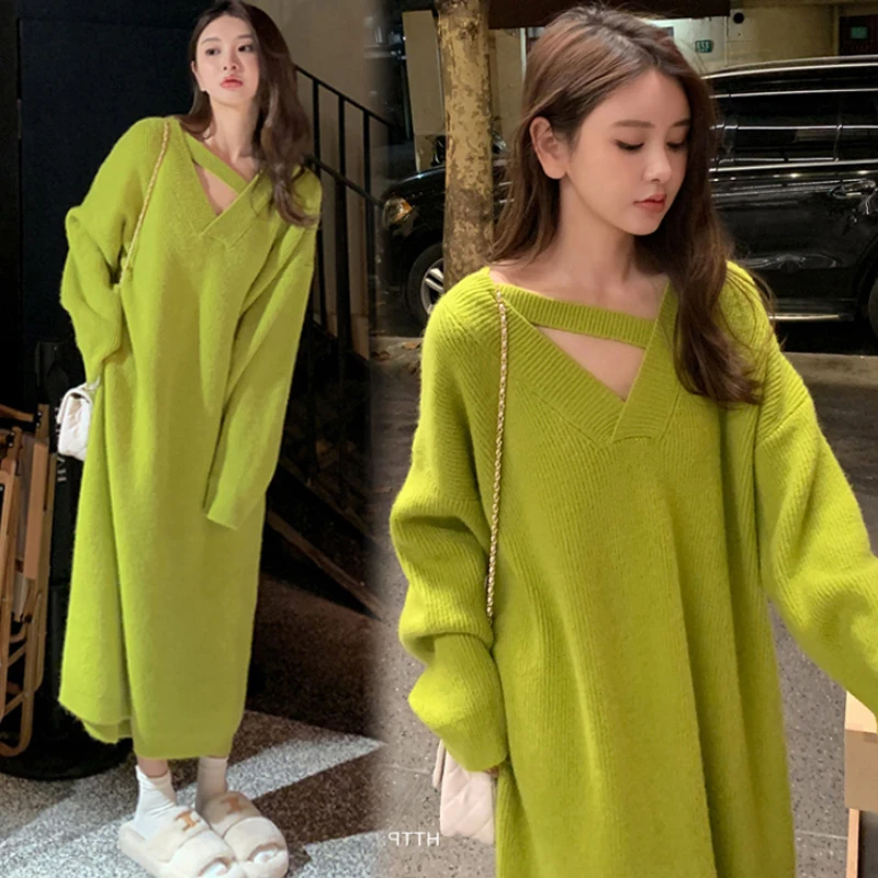 秋季新款针织裙优质绵羊绒孕妇装加厚大版毛衣裙宽松中长裙连衣裙