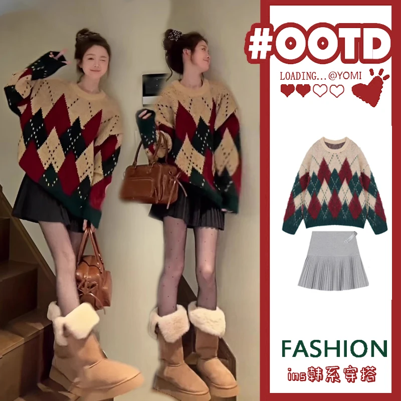 孕妇装美式复古圣诞格秋冬慵懒风毛衣配针织调节带孕妇套装冬装