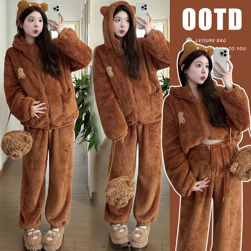 孕妇冬季时尚保暖高级感连帽拉链甜美可爱毛绒月子服套装加厚