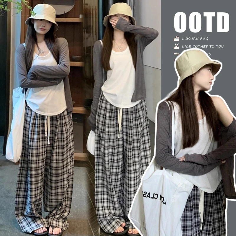 2025慵懒风孕妇套装灰色防晒外套女无袖背心秋季格子休闲裤三件套