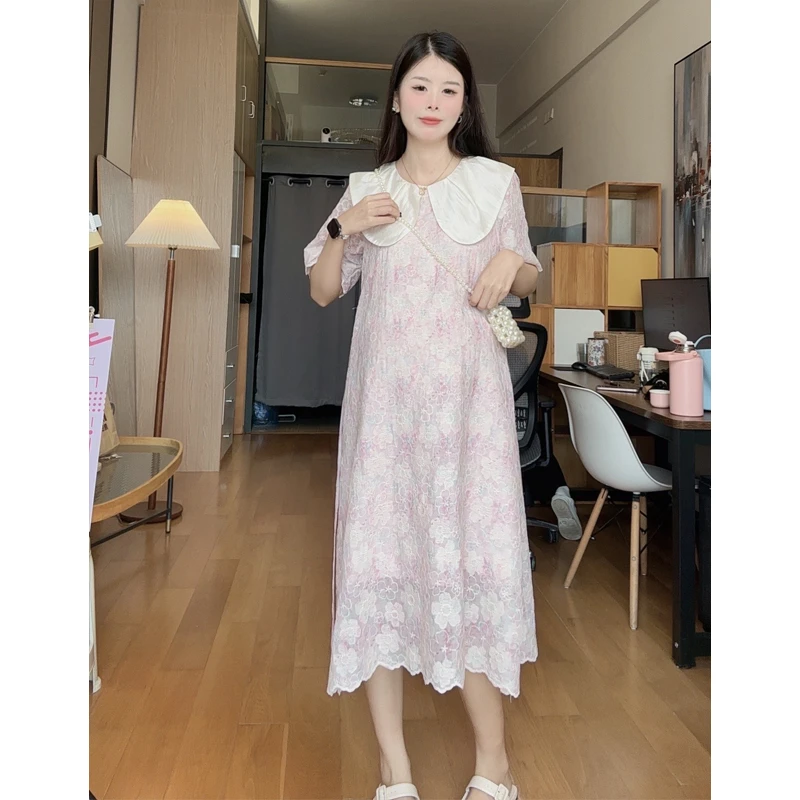 孕妇装清凉法式勾花镂空显瘦温柔气质透气连衣裙粉色娃娃领小清新