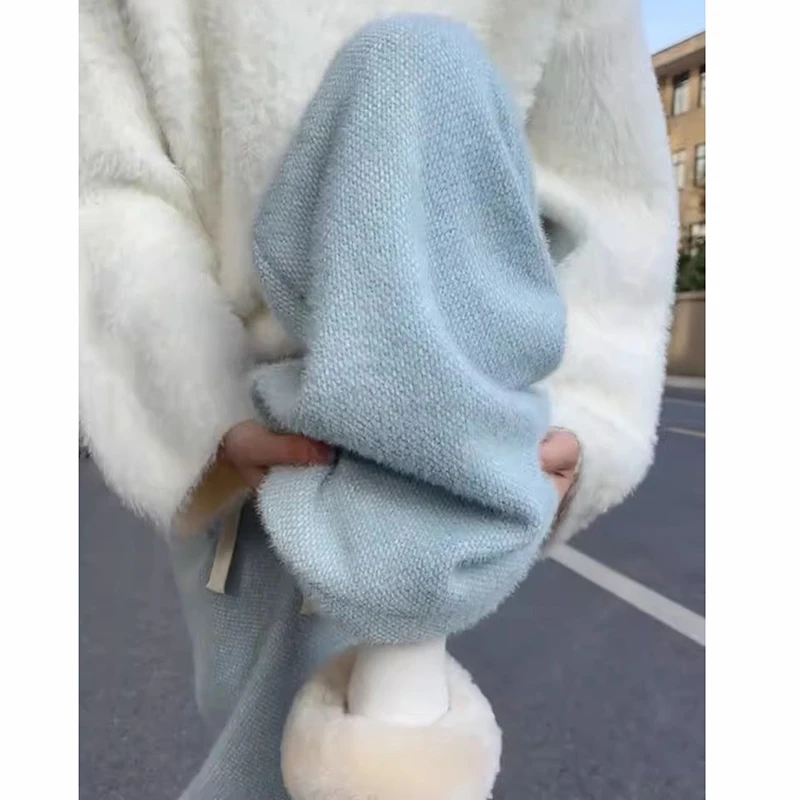 孕妇蓝色针织糯米裤2025新款阔腿裤宽松水貂毛休闲垂感打底裤女