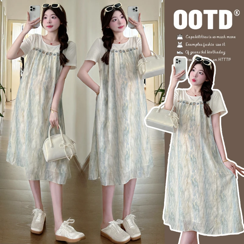 2024年新款宽松遮肚显瘦气质冰丝假两件孕妇连衣裙甜美