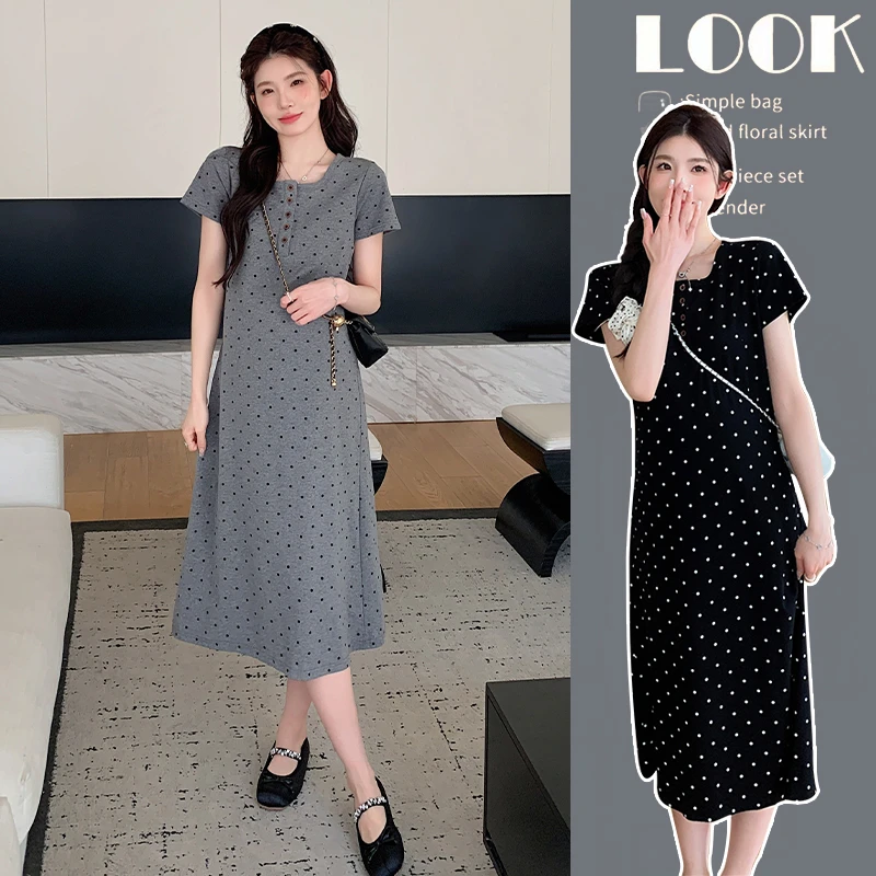 孕妇夏装2024点点法式连衣裙设计感时尚显瘦大码气质中长款连衣裙