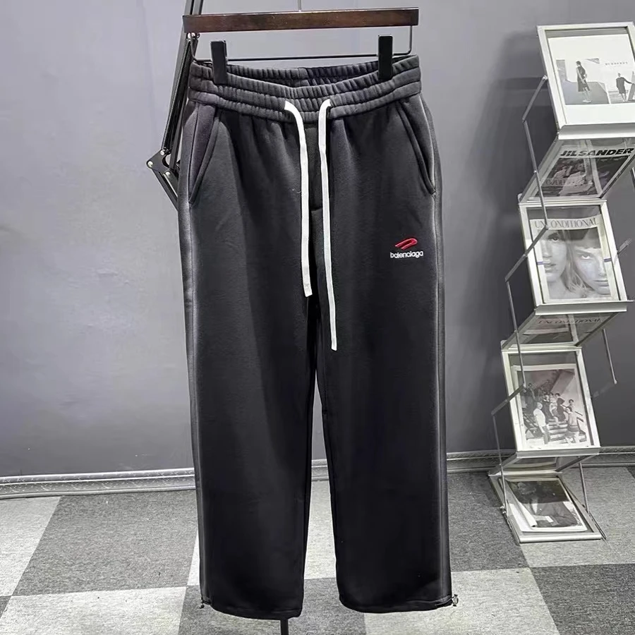 冬季休闲裤男士宽松直筒抽绳潮流简约百搭灰色加绒长裤子男女黑色