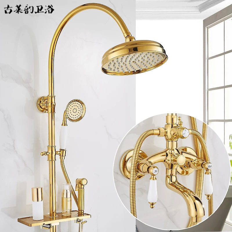 法式复古全精铜金色花洒套装卫浴卫生间淋浴喷头明装增压家用浴室