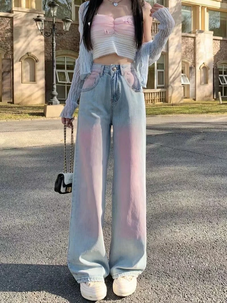 （娇娇2）2024年新款春夏阔腿百搭高街时尚设计感外穿显瘦牛仔裤