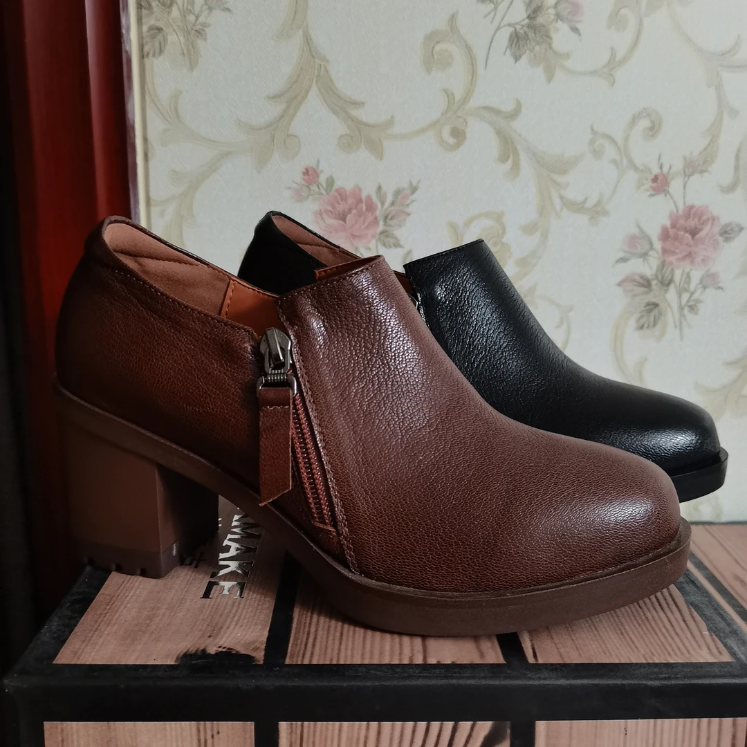 春秋款牛皮中跟厚底女鞋时尚百搭气质优雅舒适圆头单鞋