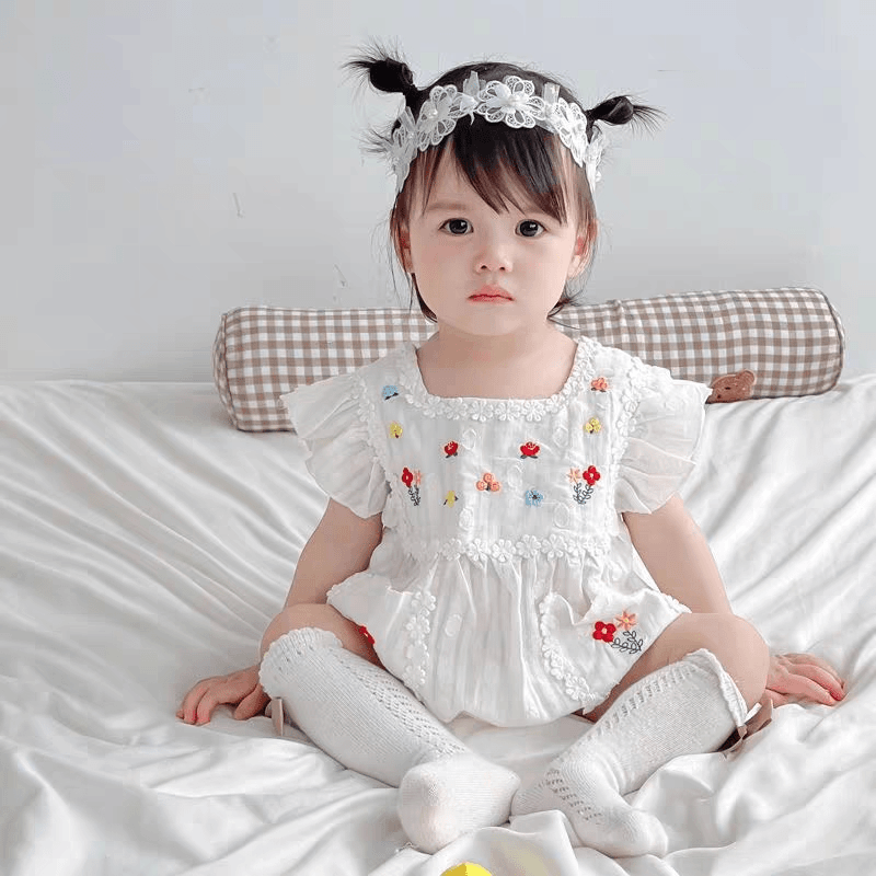 夏款新生儿棉哈衣韩版女宝宝连体衣洋气百天薄款刺绣棉纱包屁衣