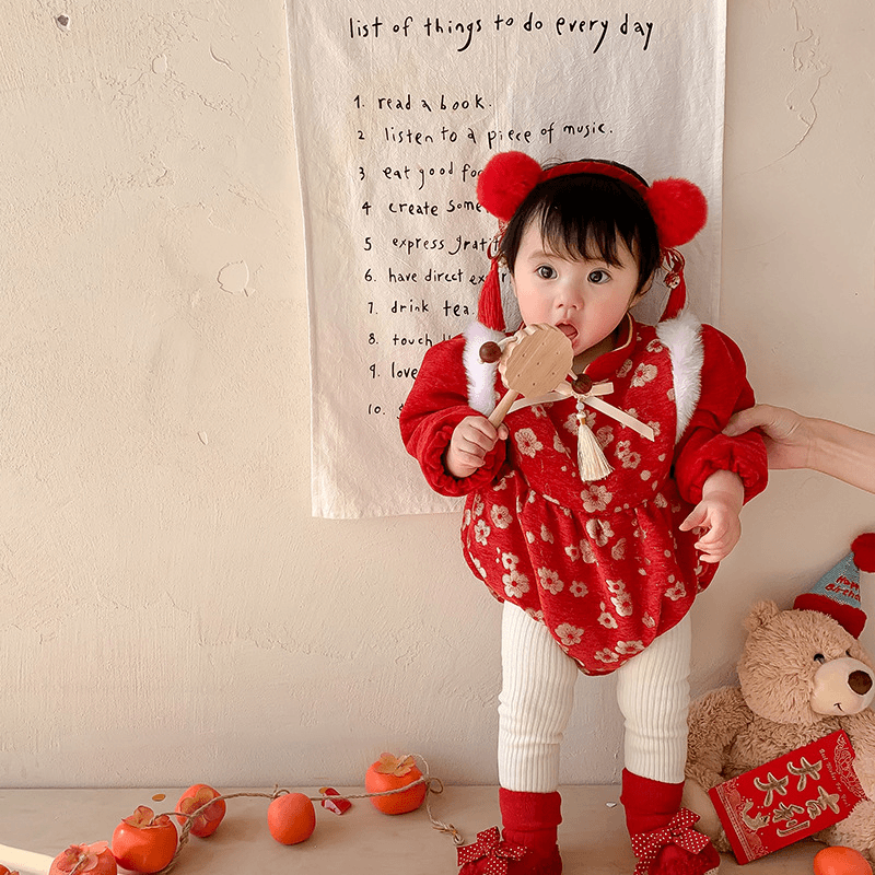 【清仓】婴幼儿女宝中式拜年服长袖宝宝加绒加厚包屁衣新年红色哈衣