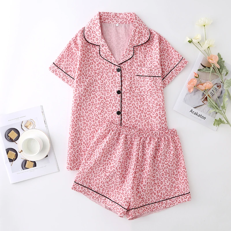 儿童睡衣短袖中小学套粉色豹纹棉质夏季新款休闲风短袖家居服套装