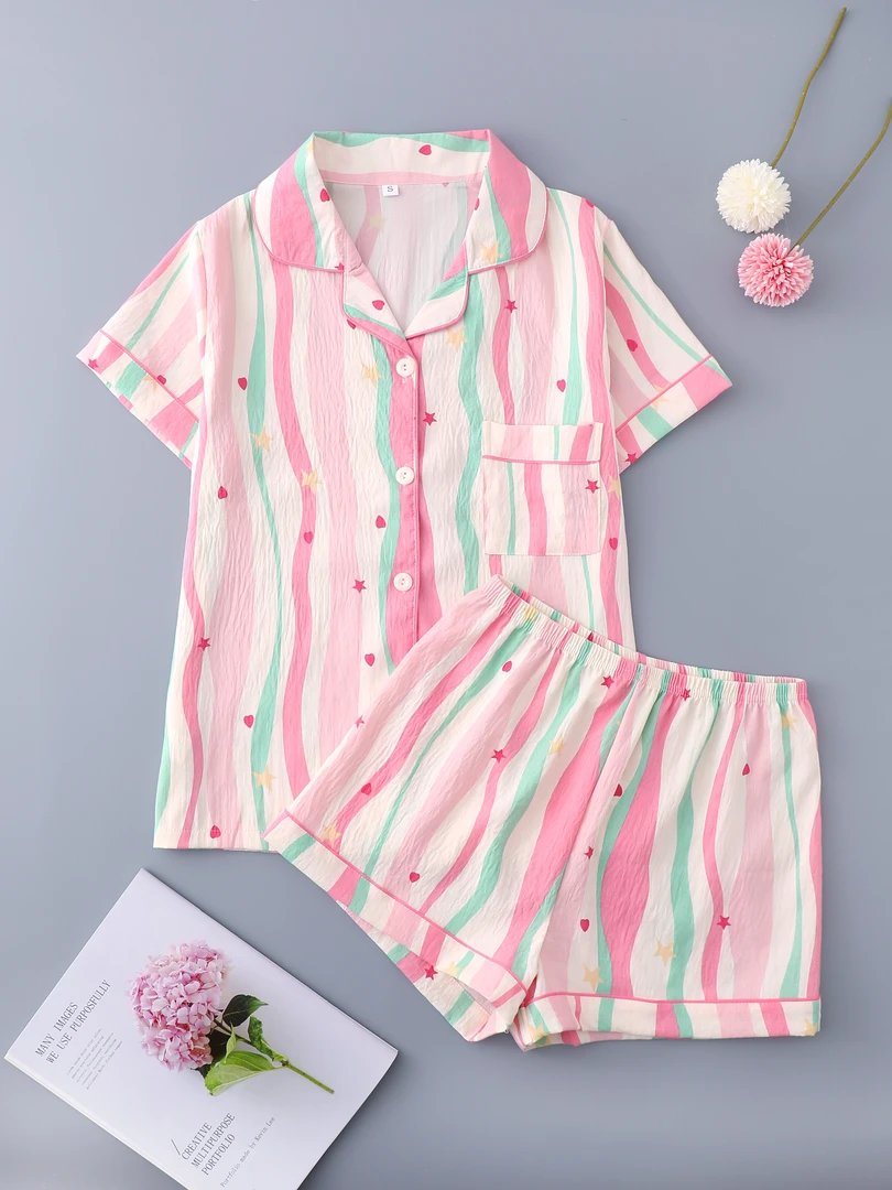 多巴胺粉色条纹两件套睡衣女夏天甜美薄款梭织棉短袖套装家居服