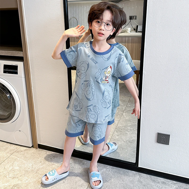 儿童睡衣男童短袖棉质夏季薄款女孩中大童家居服宝宝休闲卡通套装