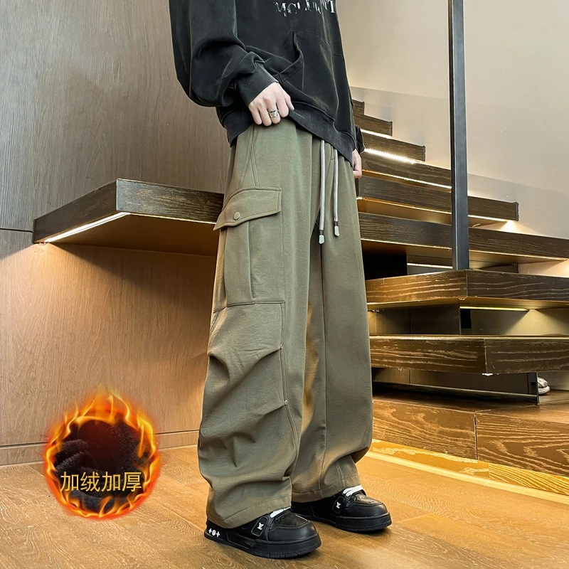 秋冬季高品质加绒加厚水洗工装裤青少年宽松百搭学生阔腿直筒裤