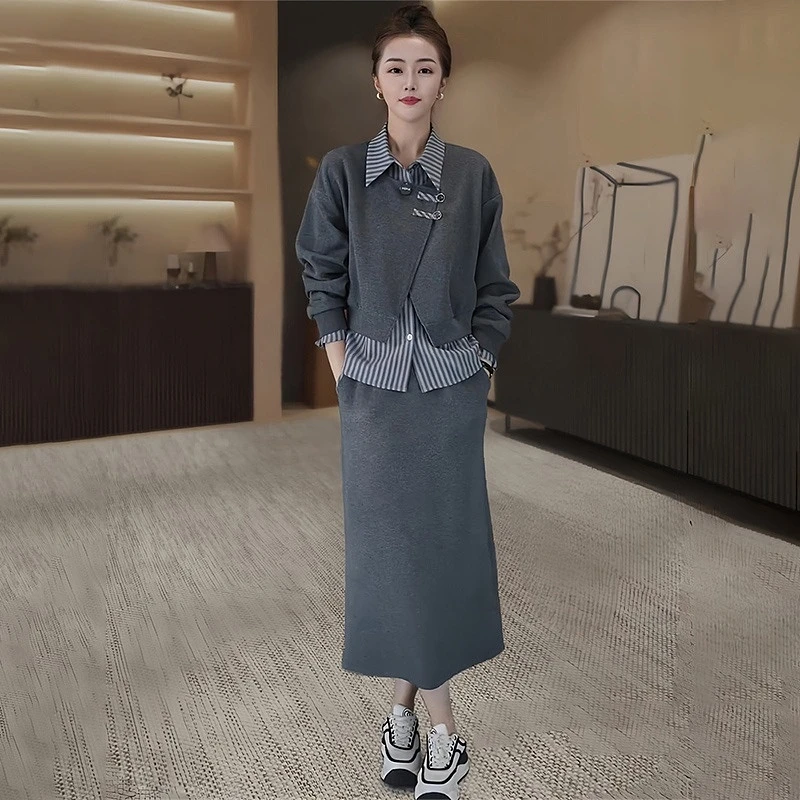 设计感时尚套装裙女春秋新款显瘦假两件卫衣开叉半身裙休闲两件套