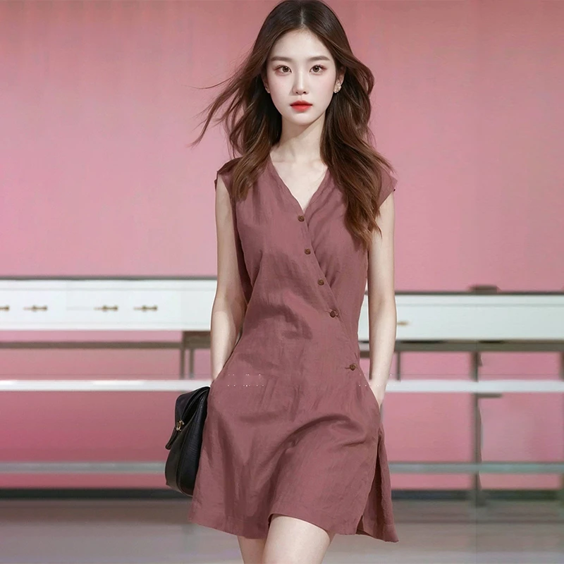豆沙红V领收腰无袖亚麻连衣裙女夏季2025年冷淡系大方得体的裙子
