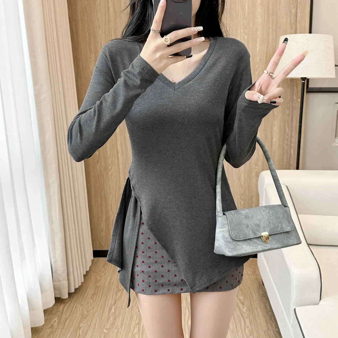 不规则侧绑带开叉收腰修身纯色百搭圆领V领长袖显瘦T恤衫女