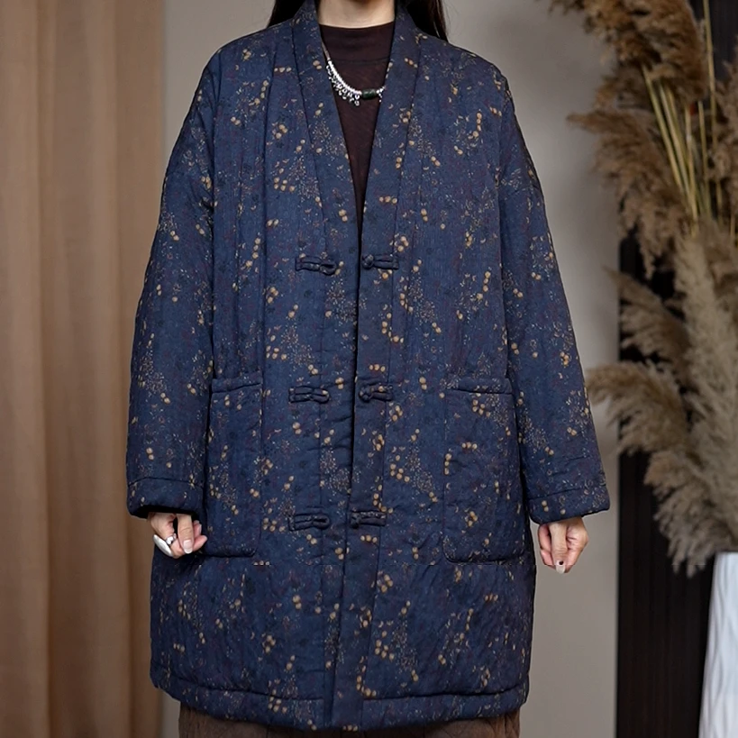 【米家棉麻】福利钜惠3058秋冬新款宽松中长款中式V领棉衣