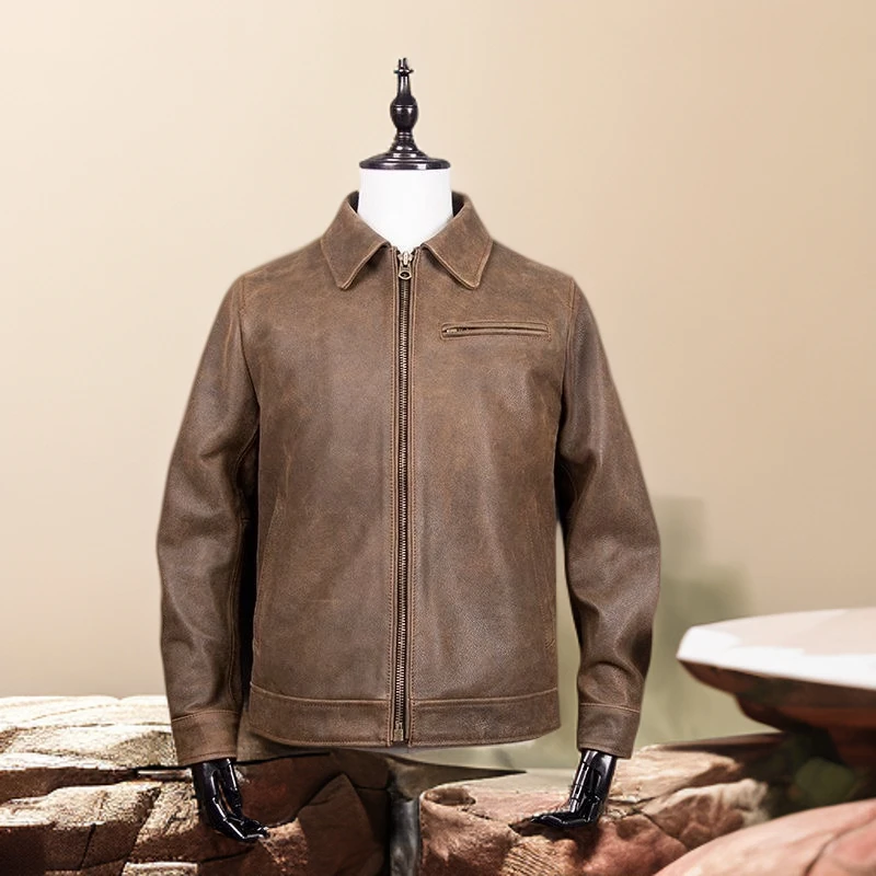 R L重磅无涂1930复古进口小牛皮男士翻领真皮皮衣外套秋冬风琴款