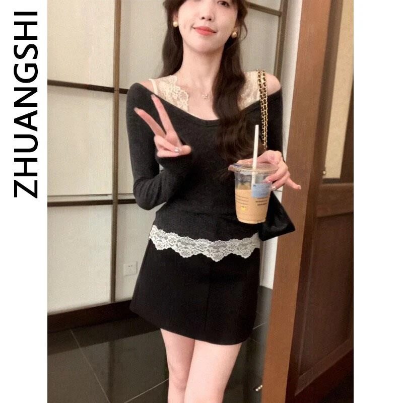 纯欲风性感露肩假两件长袖t恤女早秋小众修身显瘦百搭打底衫上衣