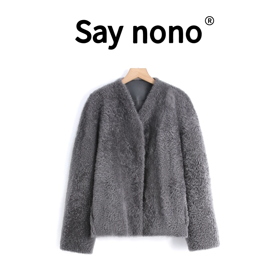 懒猫nono│Saynono "美国大牛皮胚＿V领拉贡皮毛一体皮草 /LQ23265