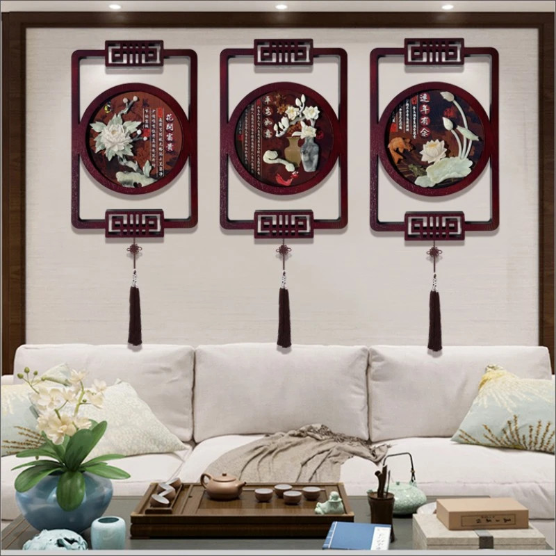 客厅装饰画沙发背景墙挂画梅兰竹菊玉雕画新中式现代简约浮雕画