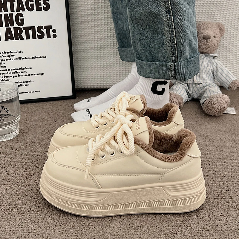厚底板鞋女加绒面包鞋2023秋冬季新款百搭小白鞋爆款运动休闲鞋