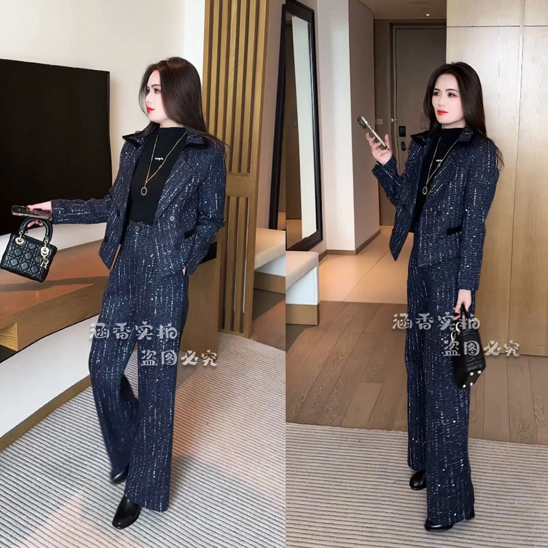 2025秋冬夹棉新款蓝色套装外套显瘦洋气时尚套装072