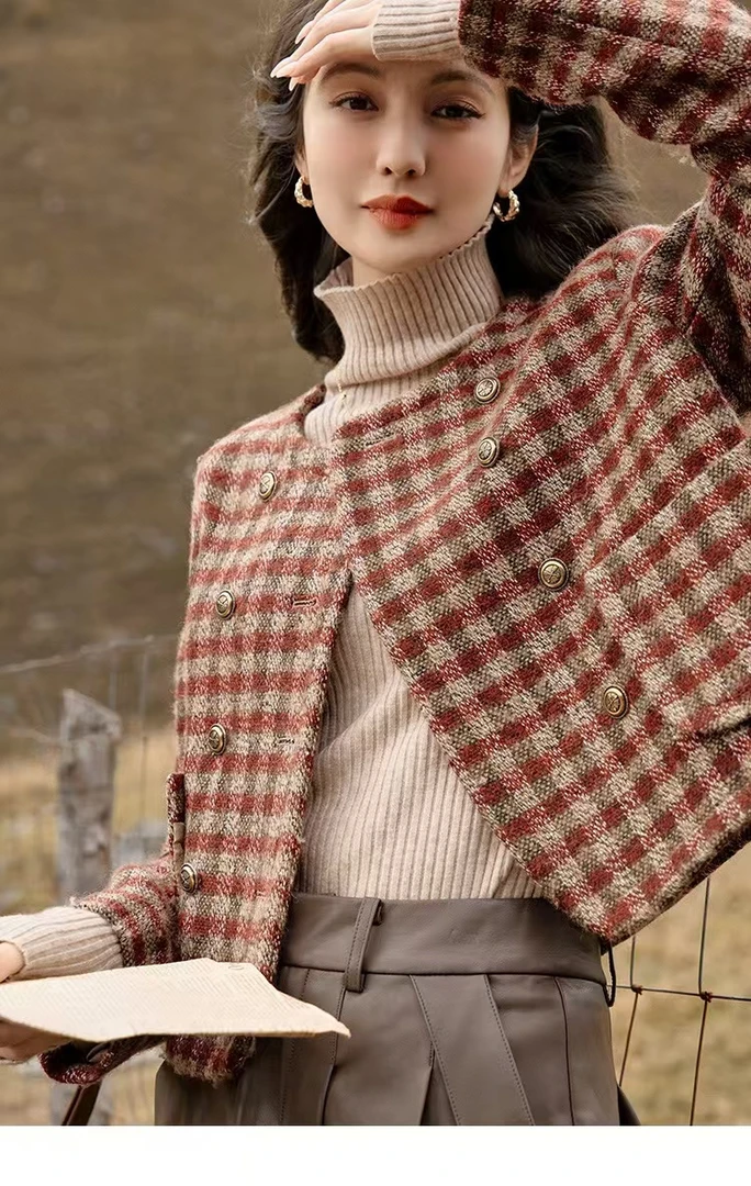【嘉鹅专属】小香风复古红格子毛呢外套气质针织短款时尚休闲