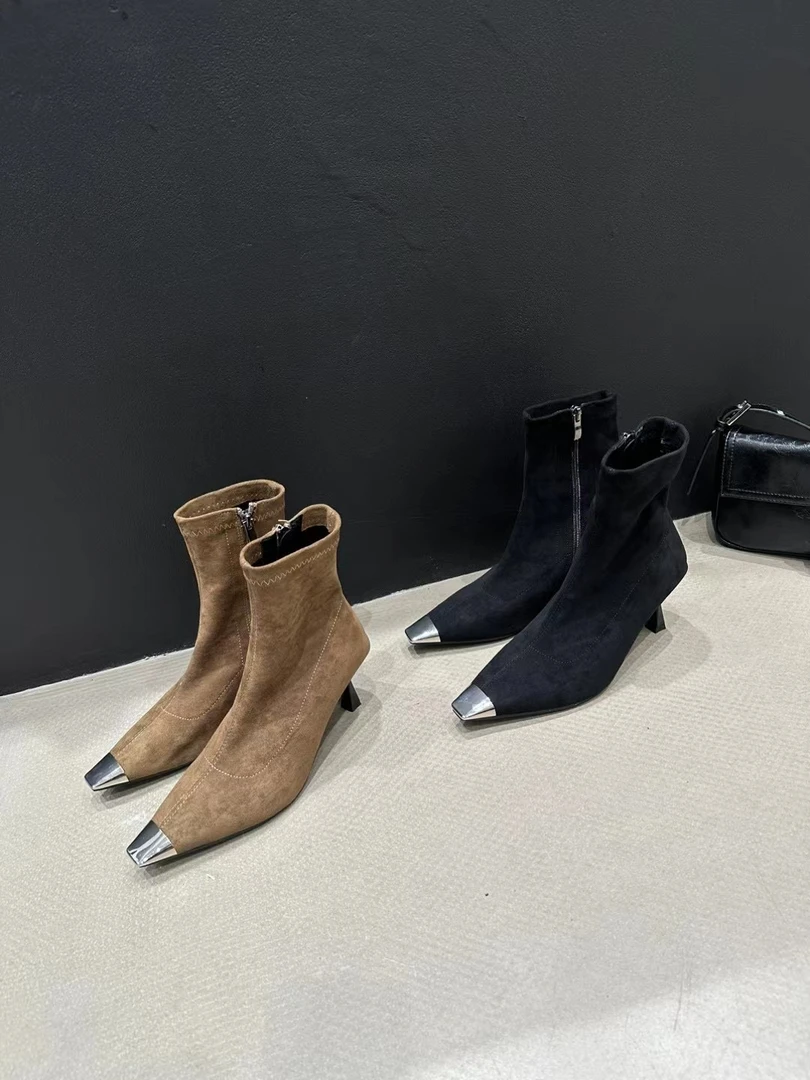 【洋气大小姐】法式时尚高跟短靴秋冬细跟金属头中筒靴 23D0869A wh