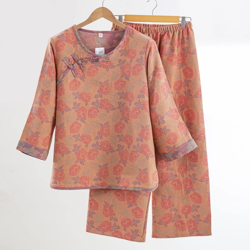 【花漾】A类全棉色织提花双层纱家居服睡衣复古纯棉睡衣H