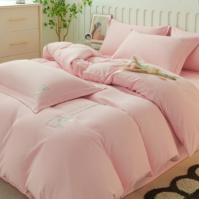 2024新款亲肤水洗棉百万针刺绣纯色四件套绣花公主风学生宿舍简约