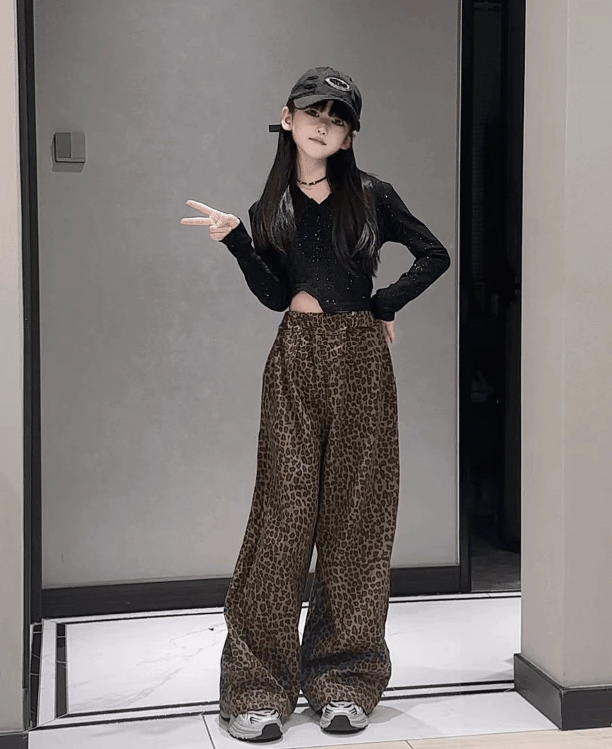 2025新款女童潮牌【豹纹】冬款洋气阔腿裤裤舒适时髦潮酷宽松两件套