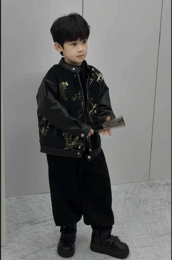【喜上眉梢】2024秋冬新款男女童国风皮夹克嘻哈风宝宝帅气皮衣套装