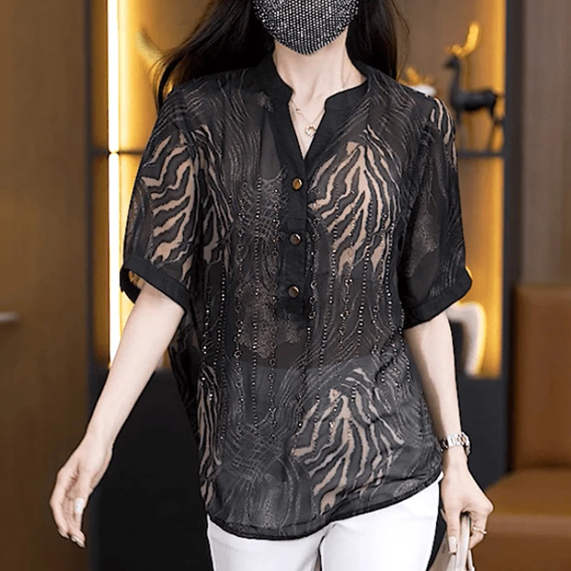 5458大码女装2026夏季新款复古时尚减龄洋气烫钻遮肉显瘦衬衫上衣