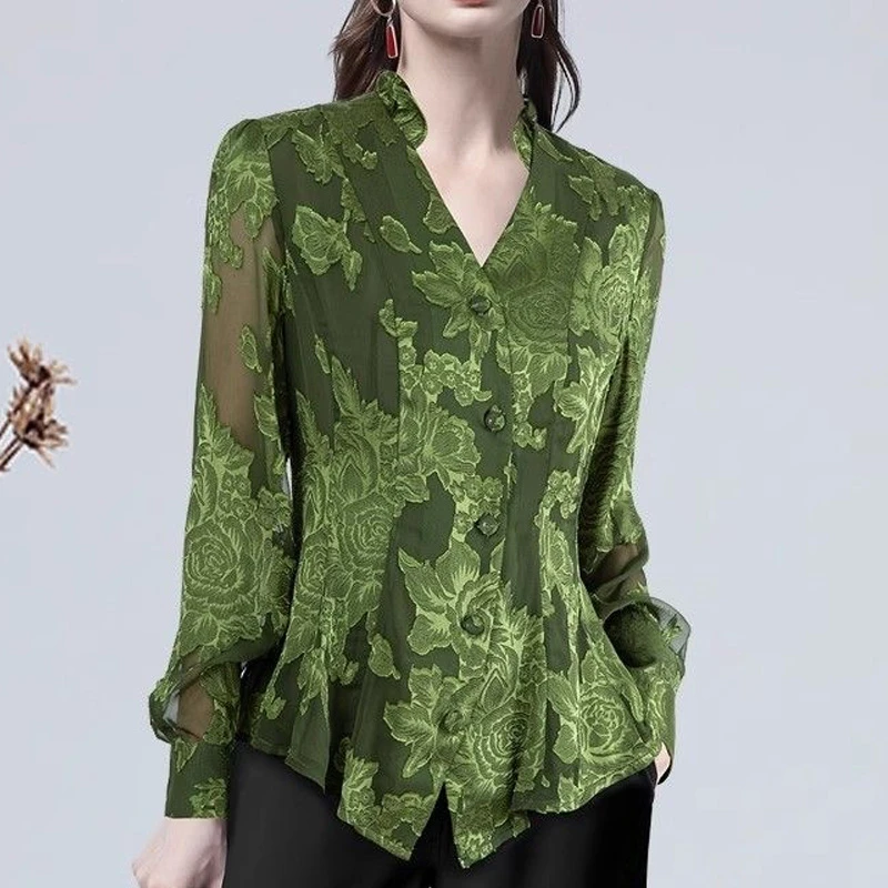 5472大码高贵气质剪花衬衫女装法式200斤可穿气质衬衣长袖小衫
