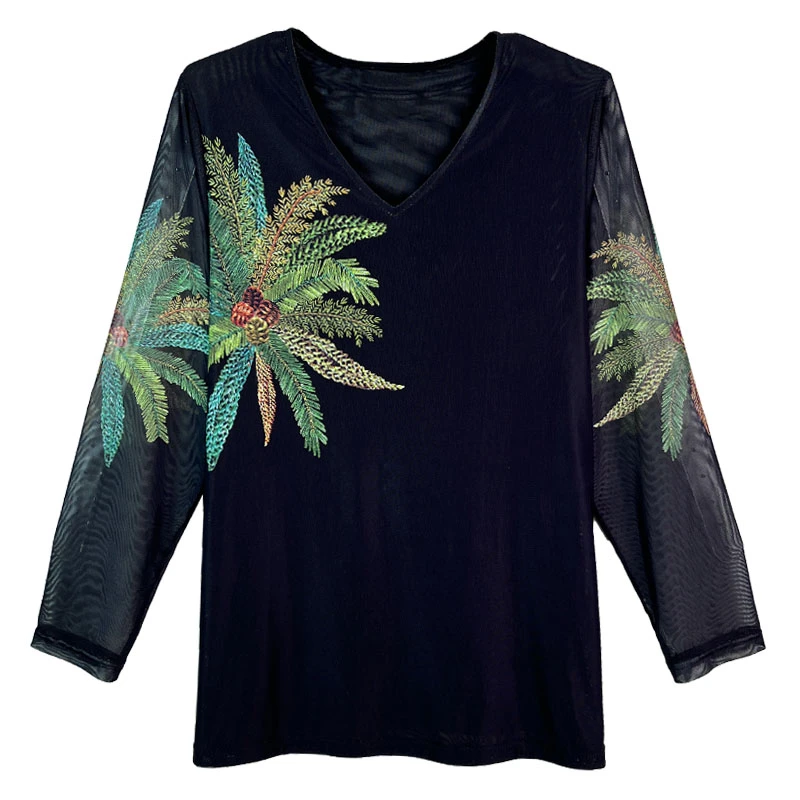 品彤5428大码女装初春v领肌肤网纱上衣高档百搭印花妈妈小衫T恤衫