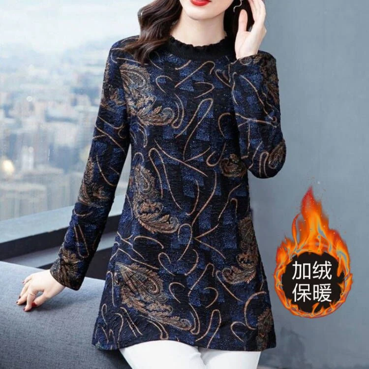 5373大码妈妈秋装半高领印花打底衫女加绒加厚内搭洋气上衣T恤女