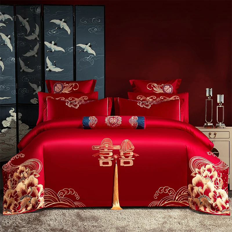 工厂直发【花开志喜】结婚四件套纯棉高档大红色床单被套绣花喜庆
