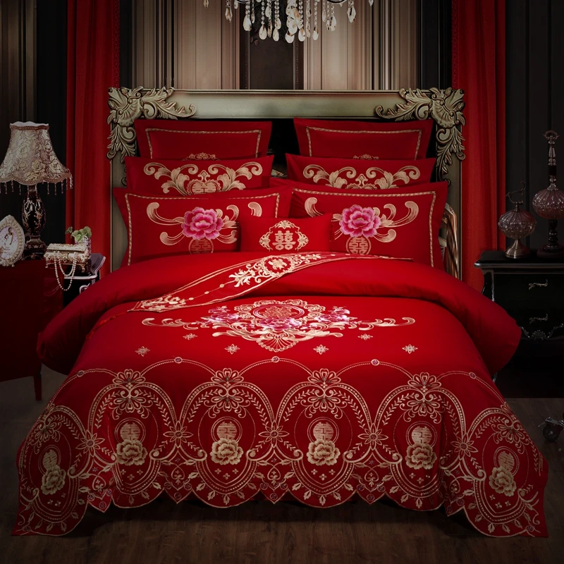 工厂直发【喜事多多】结婚大红色绣花四件套高档床上用品婚庆婚被