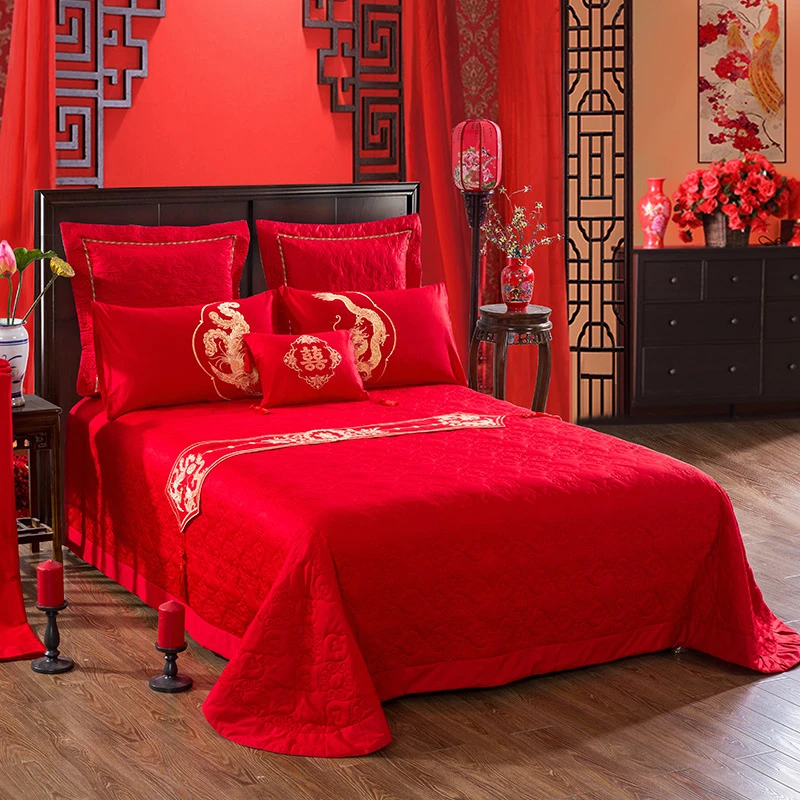 工厂直发【床盖三件套】加厚夹棉绗缝纯棉床盖三件套大红色结婚
