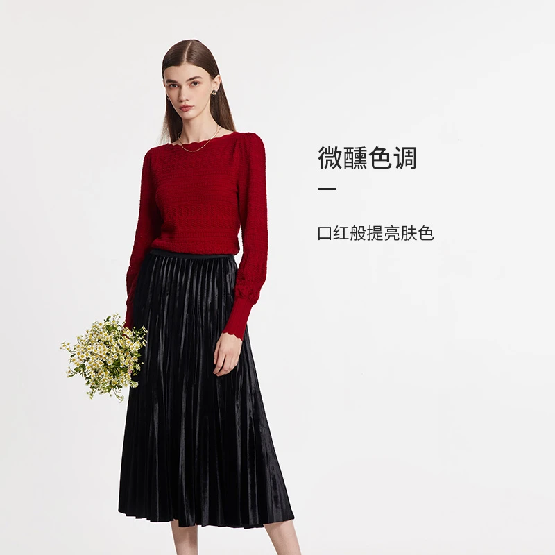 歌莉娅一字领提花红色针织毛衣女款气质服装1C2R5J020