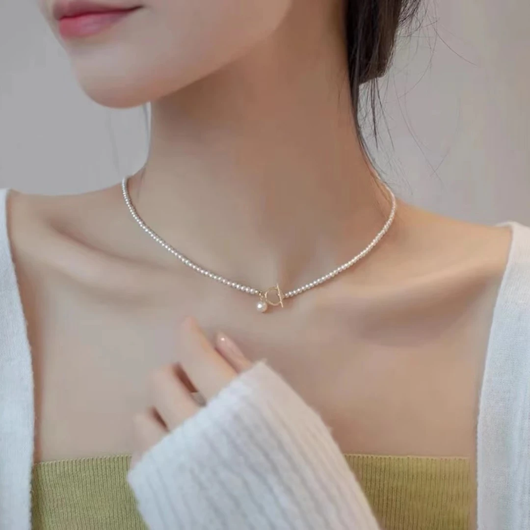 非金属项链 法式经典珠珠简约OT扣项链女轻奢小众高级感鱼骨项链