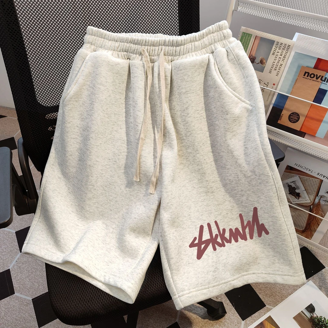 100%纯棉白灰色运动短裤男女夏季新款高腰直筒宽松休闲学生五分裤