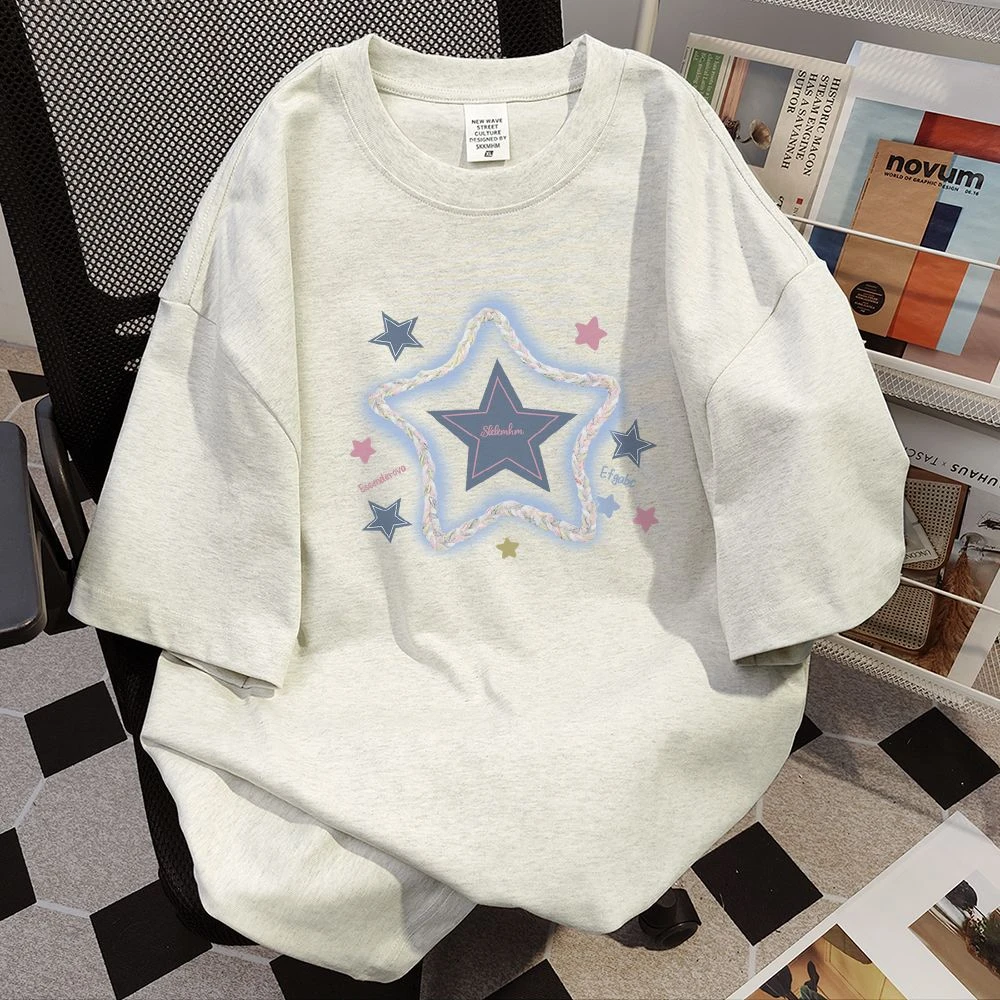 100%纯棉美式潮流星星印花百搭夏季宽松圆领短袖t恤男情侣上衣女