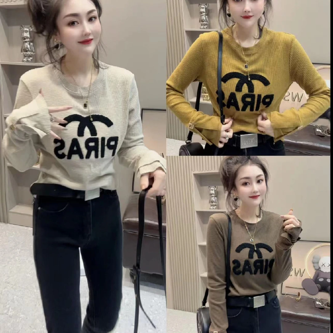 3581显瘦长袖毛巾绣半香打底小衫纯色气质圆领T、3581款