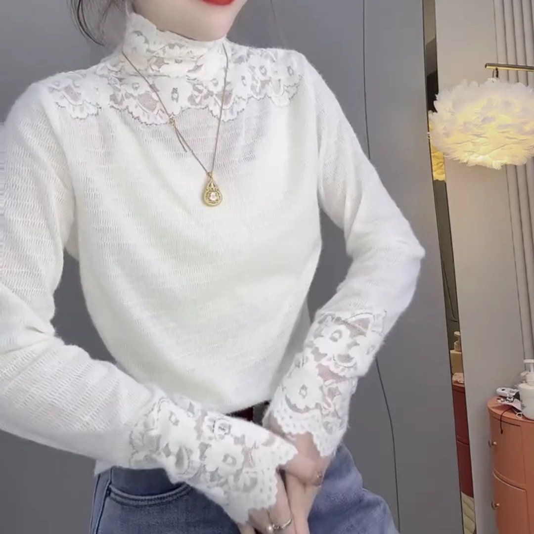 4732韩系蕾丝钩花长袖打底衫名媛风修身显瘦上衣