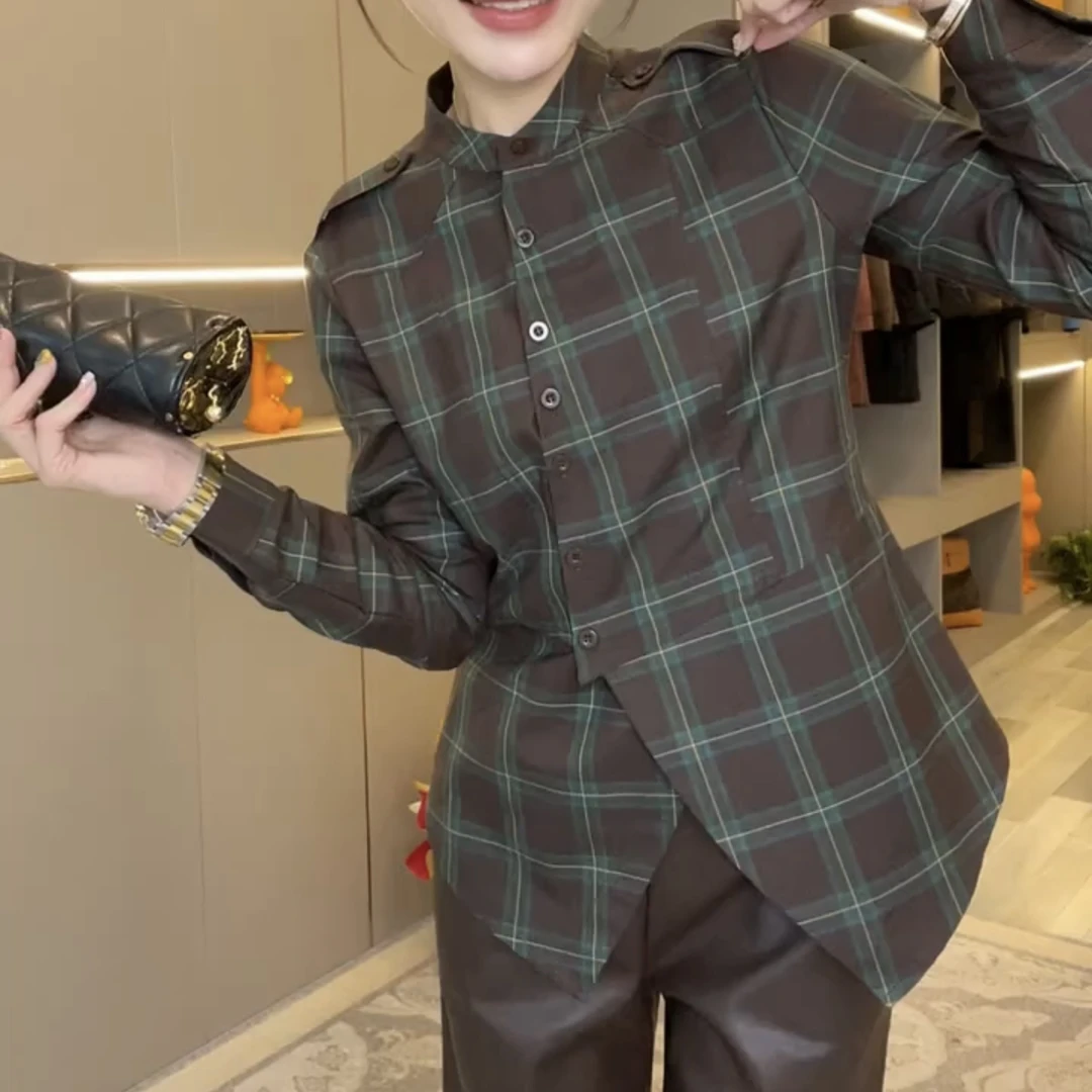 4682长袖格子衬衫女秋冬新款港风设计感斜扣立领时尚上衣